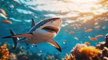 Fototapeta premium A stunning underwater image of a graceful shark gliding through crystal-clear waters, surrounded by colorful marine life, showcasing the beauty and power of oceanic wildlife.