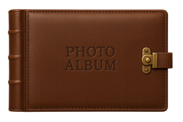 Closed brown leather photo album on transparent background