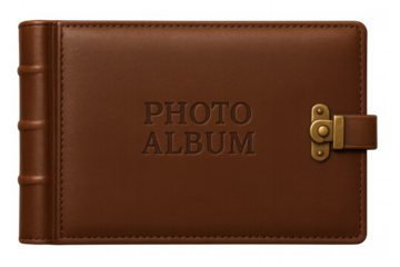 Closed brown leather photo album on transparent background
