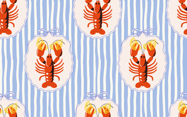 Seamless lobster pattern with lemon slices, blue and white wavy stripes, decorative frames and bows, summer seafood repeat print, Mediterranean coastal design, vector background