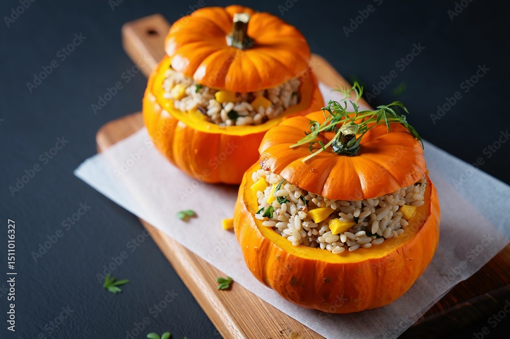 Poster Two acorn squash halves filled with quinoa salad and topped with parsley.