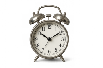 Silver alarm clock showing time on transparent background