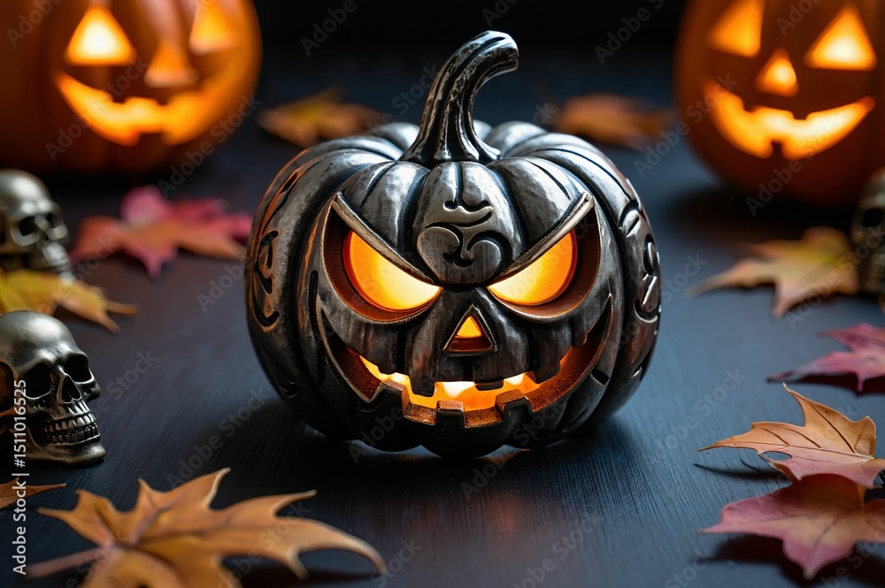 Poster A jack-o'-lantern with an angry expression on a table surrounded by skulls and autumn leaves.