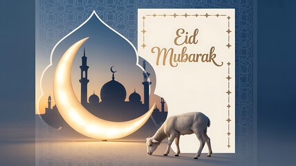Eid mubarak greeting card with mosque silhouette, crescent moon and a white sheep
