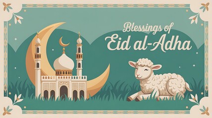 Illustration of eid al adha with mosque crescent moon and sheep in a decorative frame