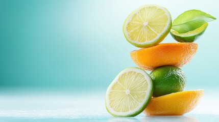 An artistic arrangement of citrus fruits, including lime and orange, beautifully stacked with fresh leaves, showcasing vibrant colors on a gentle background.