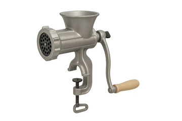 Vintage meat grinder with clamp and wooden handle on transparent background