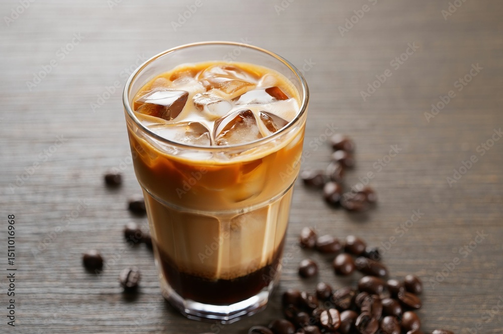 Aufkleber a glass of iced coffee with ice cubes and a sprinkle of cinnamon on the table.