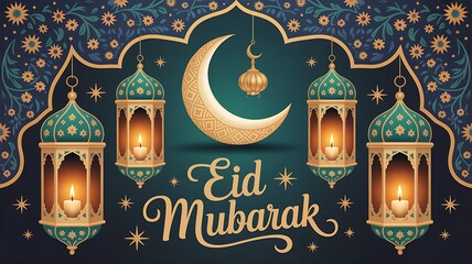 Eid mubarak illustration with lanterns crescent moon and floral decorative elements