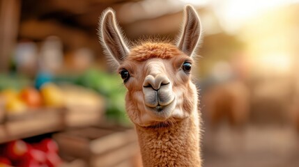 Obraz premium A charming llama gazes curiously into the camera, capturing its personality and the warm atmosphere of a vibrant marketplace filled with colorful items.
