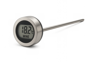 Wine thermometer showing 18.2 degrees celsius on transparent background