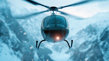A sleek helicopter navigates through breathtaking snowy mountain peaks, showcasing human innovation and adventure amidst nature's majestic winter landscape.