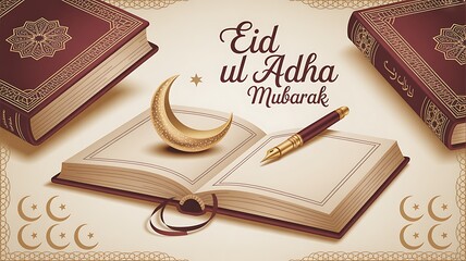 Eid ul adha mubarak illustration with books, moon, pen and islamic crescent symbols