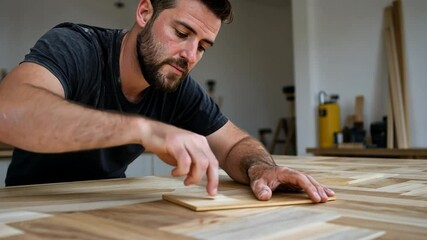 Woodworker crafting detailed herringbone wood panel skillful home improvement project