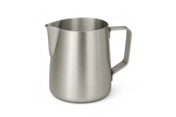 Stainless steel milk frothing pitcher jug on transparent background
