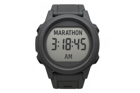 Digital sports watch showing 3:18:45 am on transparent background