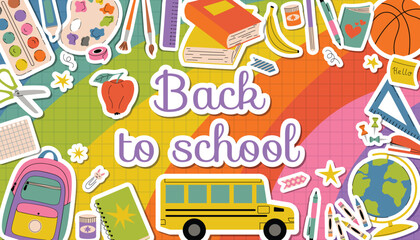 Fototapeta premium Colorful Back to School poster with rainbow gradient background and colorful supplies like books, paints and markers, backpack, school bus and basketball around the edge. Playful cartoon design.