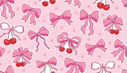 Cute coquette seamless pattern with red and pink bows, cherries, and tiny dots on soft pink background. Sweet and girly design with vintage charm in playful cartoon hand drawn style.