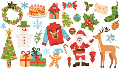 Colorful cartoon Merry Christmas clip art collection. Set of winter holidays design elements with Santa Claus, tree and presents, snowman and deer, cake and wreath isolated on white.