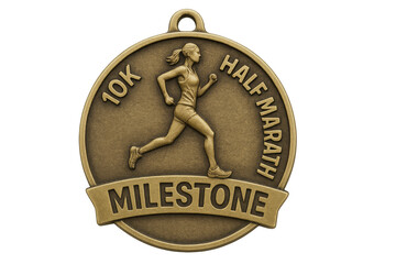 10k or half marathon milestone running achievement award medal with transparent background