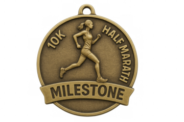 10k or half marathon milestone running achievement award medal with transparent background