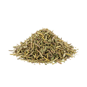 Small pile of dried thyme leaves, ultra realistic UHD photo, isolated on a clean white background with clear contours and no shadows, concept for culinary ingredient advertising