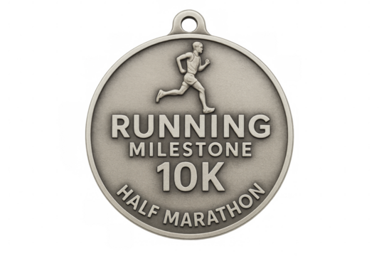 Running milestone 10k half marathon medal on transparent background