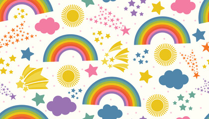 Cheerful seamless pattern with rainbows, shooting stars, clouds, and suns in flat cartoon style on white background. A lively and dreamy design perfect for kids products and fun prints. © _aine_