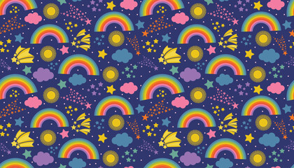 Fototapeta premium Magical seamless pattern with colorful rainbows, glowing stars, suns, and soft clouds on dark blue. Flat cartoon style adds charm to night-themed kids items and dreamy stationery.