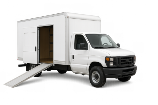 White delivery truck with open door and extended ramp on transparent background