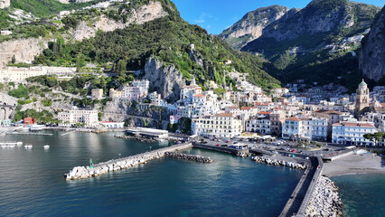 Amalfi Coast At Amalfi In Salerno Italy. Beach Landscape. Giant Cliffs Scene. Amalfi Coast At...