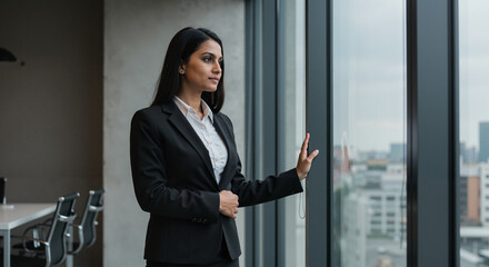 Businesswoman standing by window looking out at cityscape  