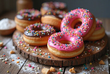 Colorful Glazed Donuts with Sprinkles on Rustic Wooden Board