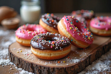 Colorful Glazed Donuts with Sprinkles on Rustic Wooden Board