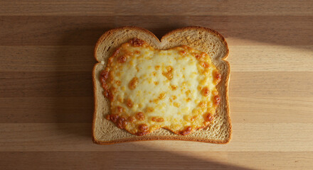Slice of toasted bread topped with melted cheese on wooden table  