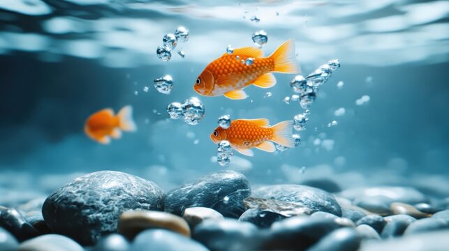 The image depicts vibrant goldfish swimming in clear water, surrounded by bubbles and smooth pebbles, showcasing aquatic life and the calmness of underwater environments.