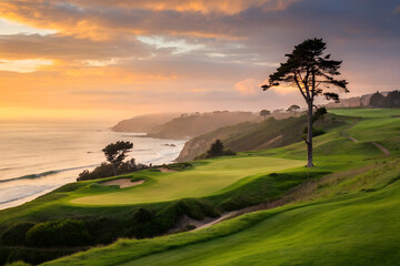 Scenic Oceanfront Golf Course at Sunset with Dramatic Sky