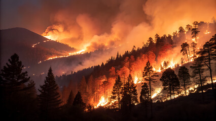 Raging Forest Wildfire Destroying Trees at Sunset, Climate Change Concept