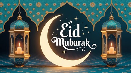 Eid mubarak greeting card with crescent moon lanterns and star decorations background