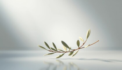 Olive Branch on Reflective Surface Symbolizing Peace and Tranquility in Minimalist Style