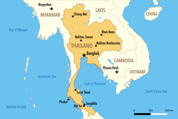 Fototapeta premium Vector Map of Thailand with Major Cities and Neighboring Countries – Editable Illustration