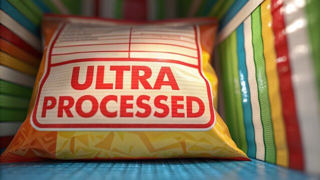 Ultra-Processed Food: Health Risks Concept, Ultra-processed food item with bold labeling in a colorful, striped container.