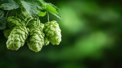 This image captures fresh green hops hanging from a branch, symbolizing nature's bounty and the brewing process that brings flavor to beers and ales worldwide.