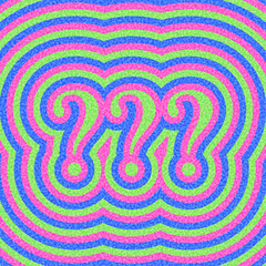 Three stylized pink question marks on vibrant green, blue, and pink ripple pattern. Vector illustration.