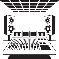 A black and white illustration of a sound mixing board and speakers setup