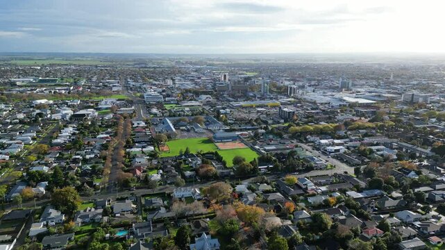 Drone Pull-Back Shot Showing Palmerston North City Centre and Surrounding Neighborhoods, New Zealand