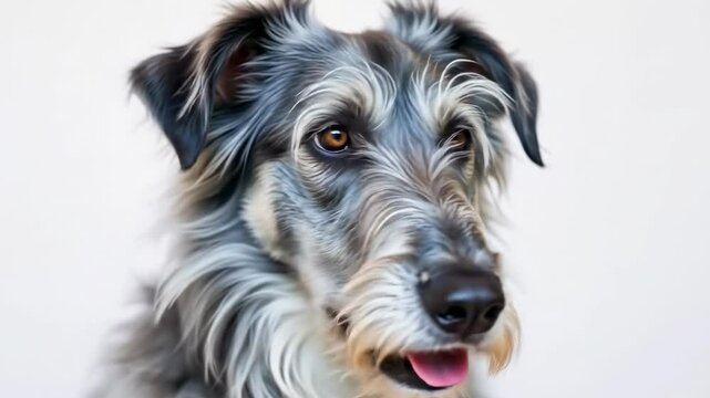 Close-up portraits of an Irish Wolfhound dog with various facial expressions