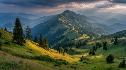 Fototapeta premium Lush green hills, dotted with trees, lie beneath cloudy skies, leading to majestic mountains in the background