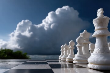 Fototapeta premium A compelling scene of white chess pieces poised on a board against a backdrop of captivating clouds, symbolizing strategic thinking and human intellect in play.