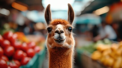 This charming image features a smiling llama amidst vibrant market produce, capturing the playful spirit of animals alongside the richness of local markets.